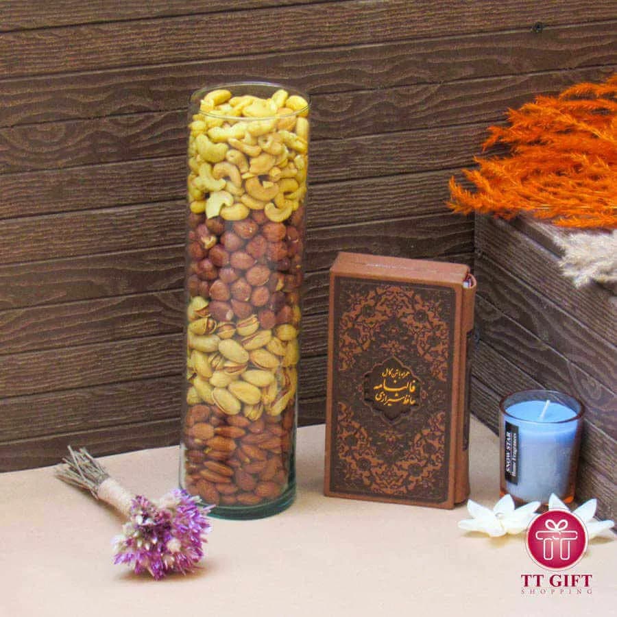 پکیج آجیل چهارمغز استوانه ای و فالنامه حافظ